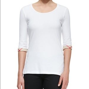 Burberry Brit 3/4-Sleeve Check-Cuff Scoop Tee in White (size XS)